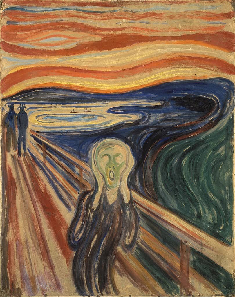 El grito de Edvard Munch, pintura expresionista que representa el sufrimiento humano mediante una figura distorsionada frente a un cielo ardiente.