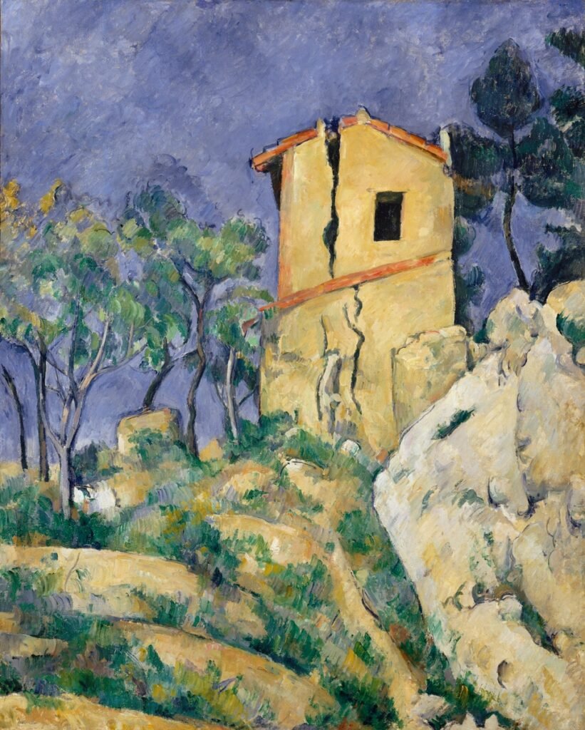 Casa antigua con paredes desgastadas y agrietadas, rodeada de vegetación, pintada con pinceladas sueltas y tonos terrosos por Paul Cézanne.