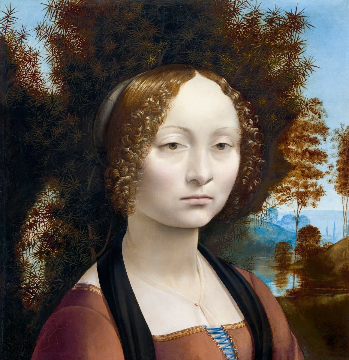 En reproducciones de pinturas famosas-Retrato de una joven noble con expresión seria, cabello recogido y fondo de vegetación, pintado por Leonardo da Vinci.