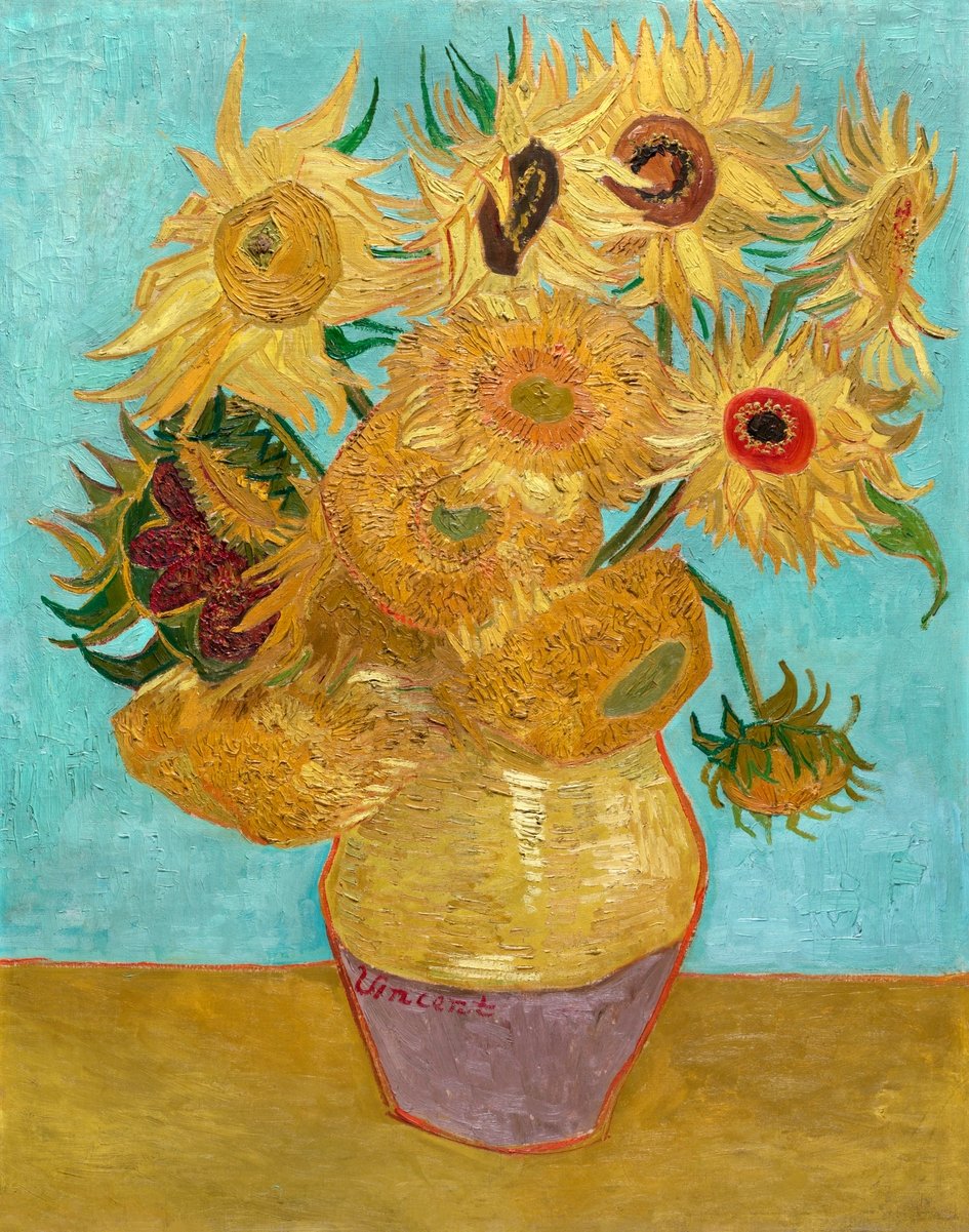 pinturas en formato digital Los girasoles (Van Gogh) en lienzosfamosos.com. reproducciones de arte escluxivas, Jarrón con girasoles amarillos en distintas etapas de floración, sobre un fondo claro, pintado con pinceladas gruesas y expresivas.