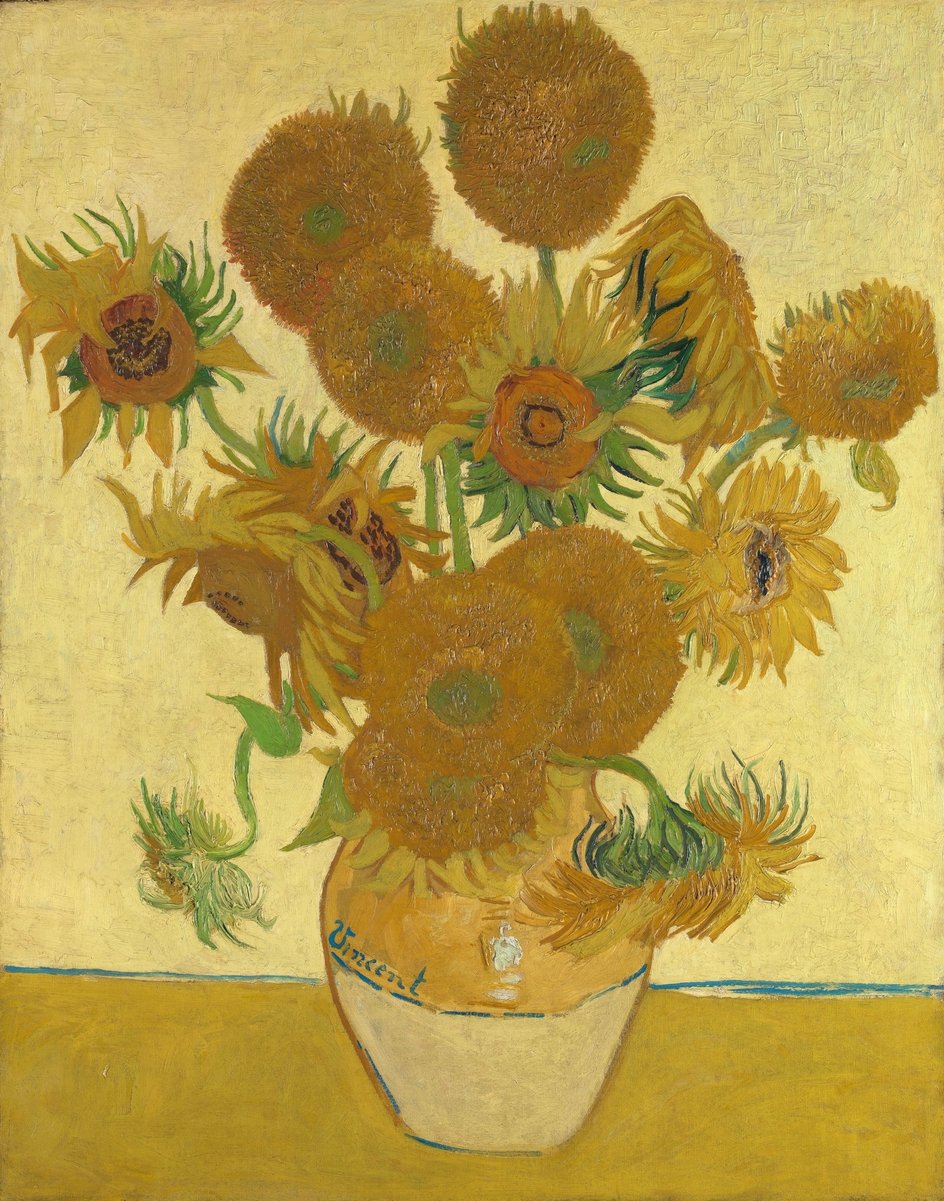 En reproducciones de cuadros famosos, Los girasoles de Van Gogh en distintas medidas directamente en lienzosfamosos.com.