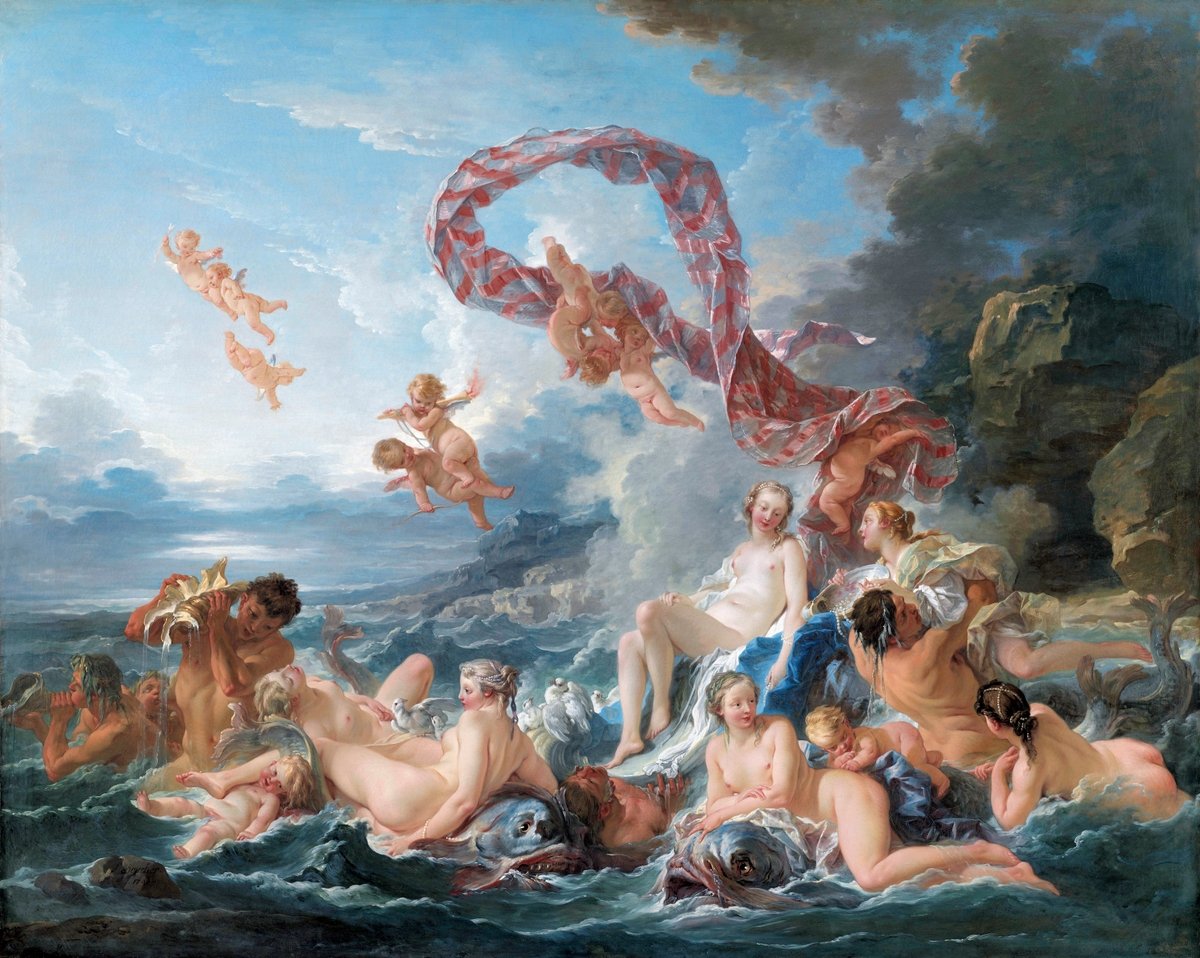 La pintura representa a la diosa Venus, símbolo del amor y la belleza, rodeada de alegres querubines y criaturas míticas.