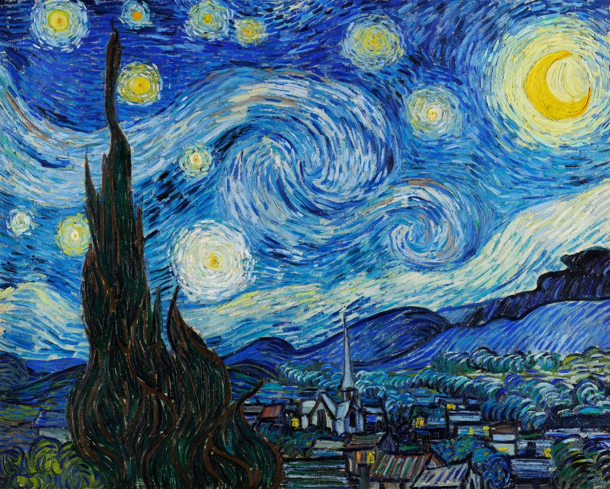 alt="Decoración con reproducción de La noche estrellada de Vincent van Gogh en una habitación moderna"