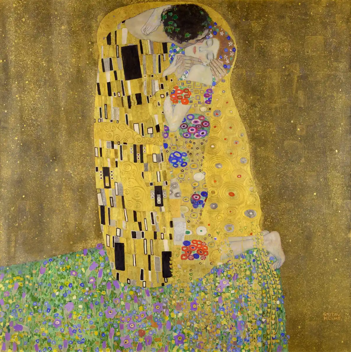 Pintura “El beso” de Gustav Klimt, que muestra a una pareja abrazada y besándose, envuelta en túnicas doradas decoradas con motivos geométricos sobre un fondo dorado.