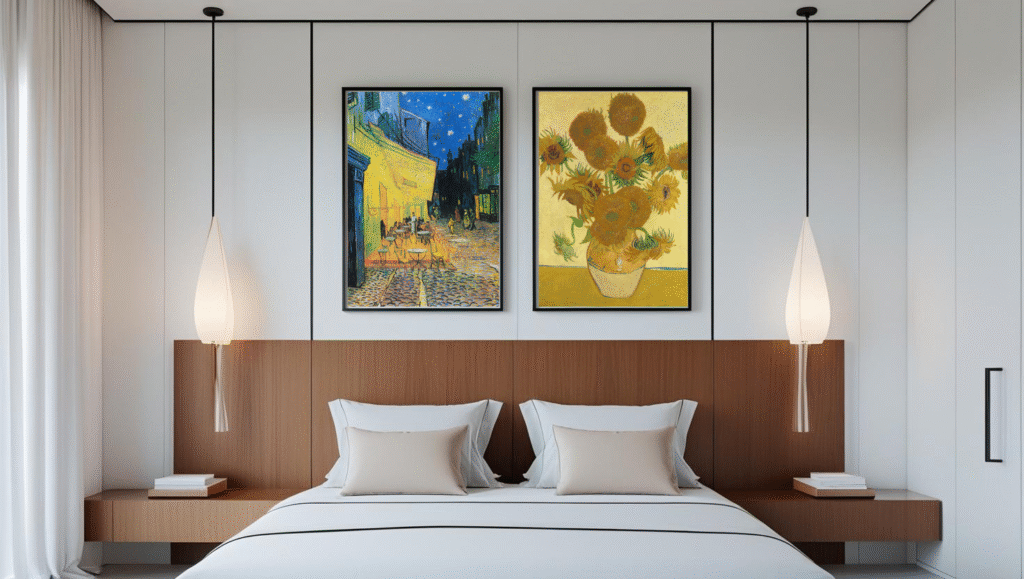 Decorar las paredes del hogar. Dormitorio con reproducciones de Van Gogh
